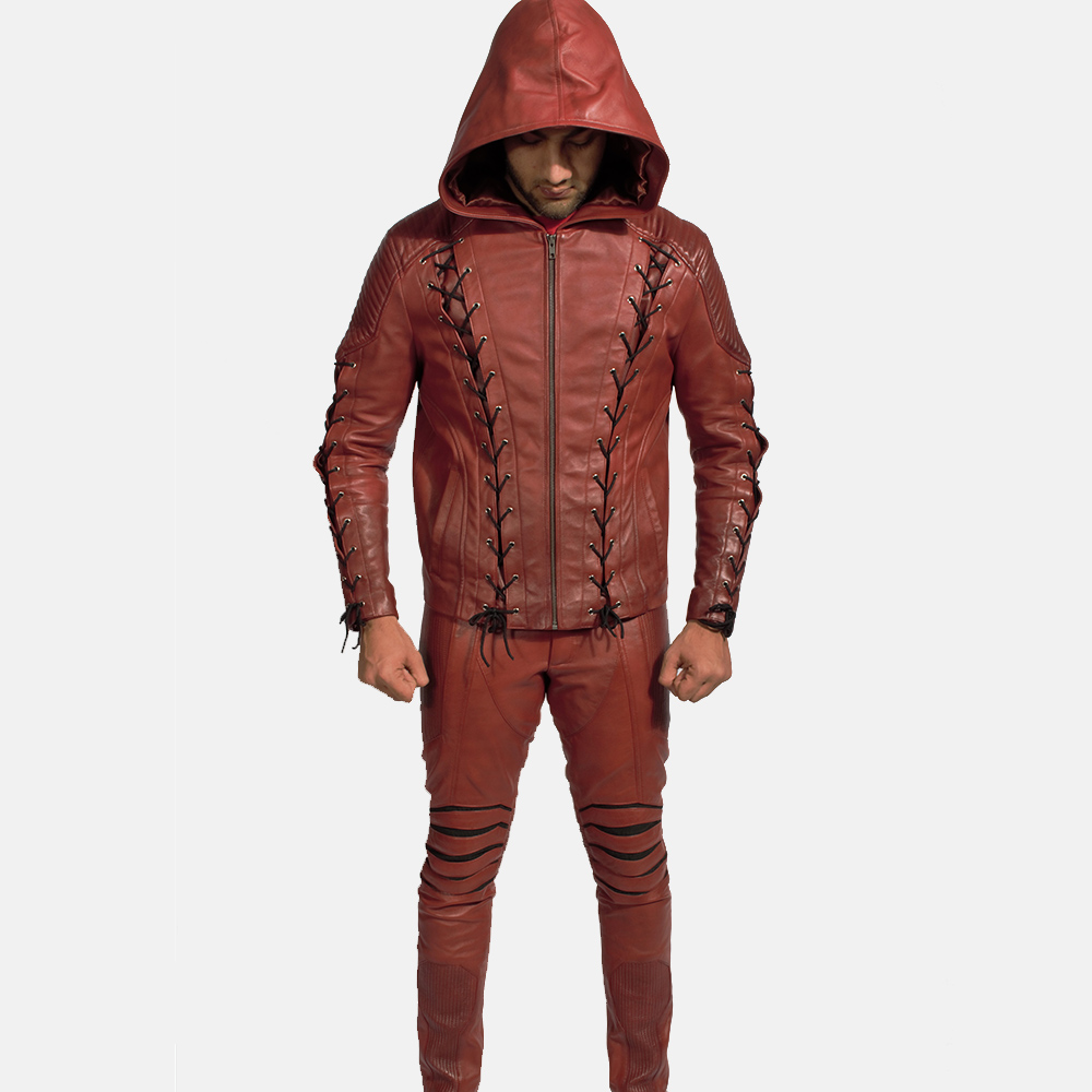 Mens Red Hooded Leather Costume